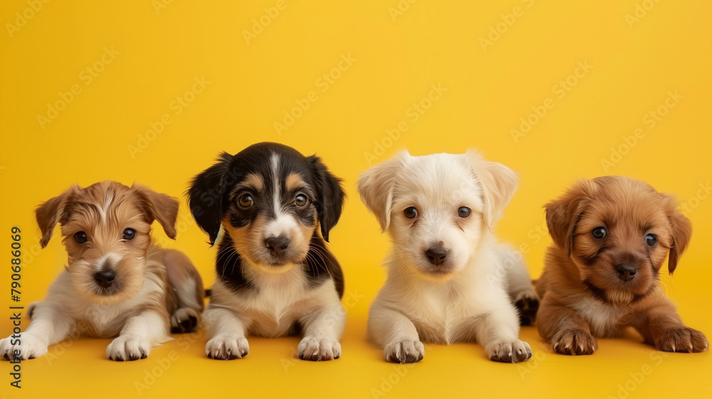 A photoshot group of puppies on a plain color background