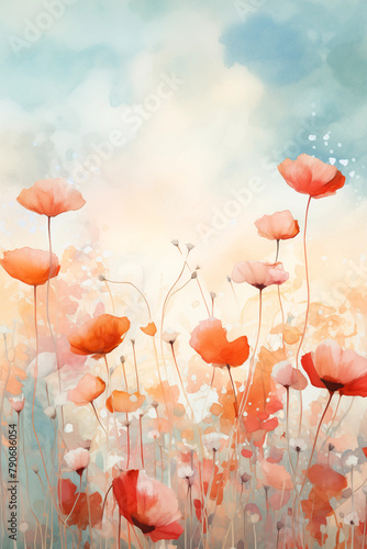 Red poppies watercolor illustration. Abstract colorful illustration flower art.