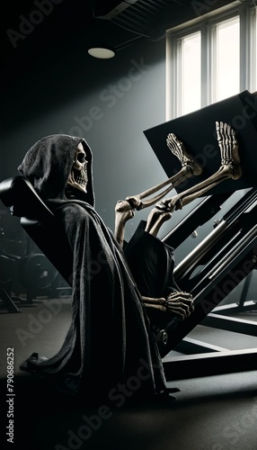 A skeleton wearing a black cloak is doing leg presses in a gym. photo
