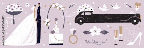 Hand drawn cartoon wedding set with bride, groom, pigeon, wedding cake, wedding car, ring, bouquet isolated on background. Vector illustration