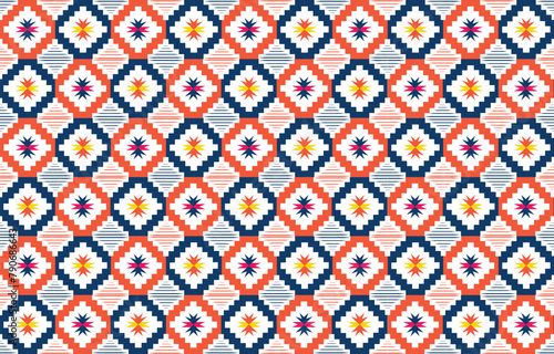 Orange and Blue Ethnic abstract art. Seamless pattern in tribal  folk embroidery  and Mexican style. Aztec geometric art ornament print. Design for carpet  clothing  wrapping  fabric  cover.