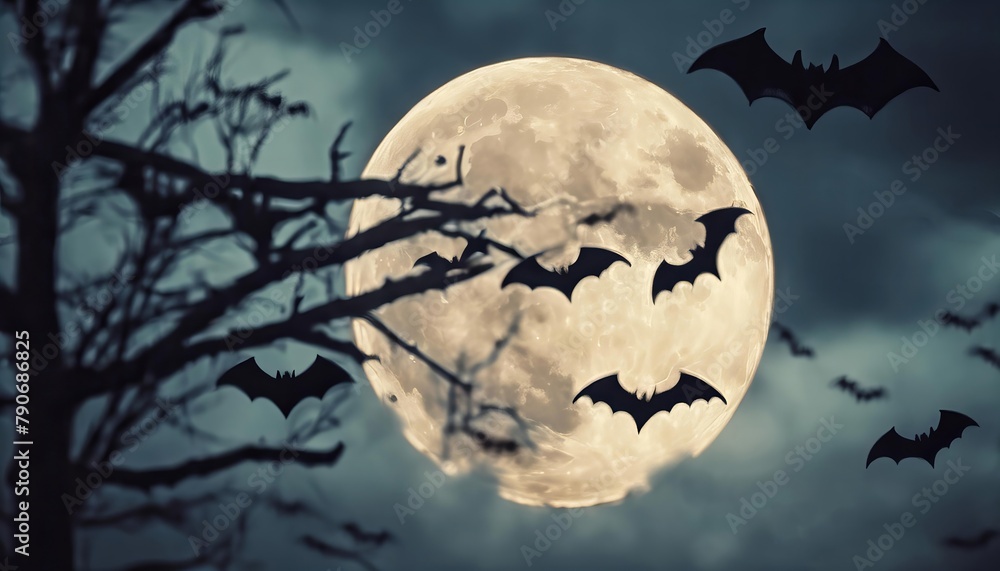 group of bats flying in front of a full moon