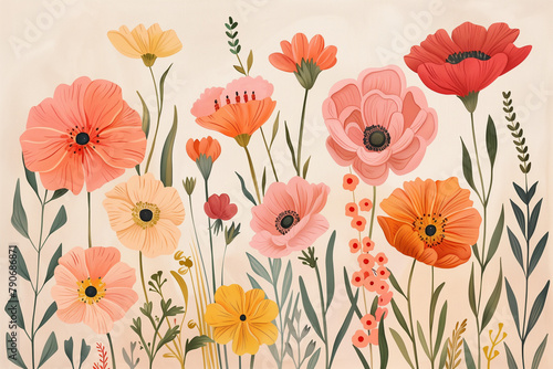 cute background with poppies, spring wallpaper, pastel color © INTAN