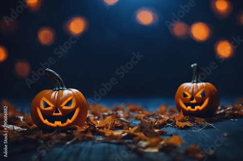 Two pumpkins with scary faces are on table with leaves on the ground photo