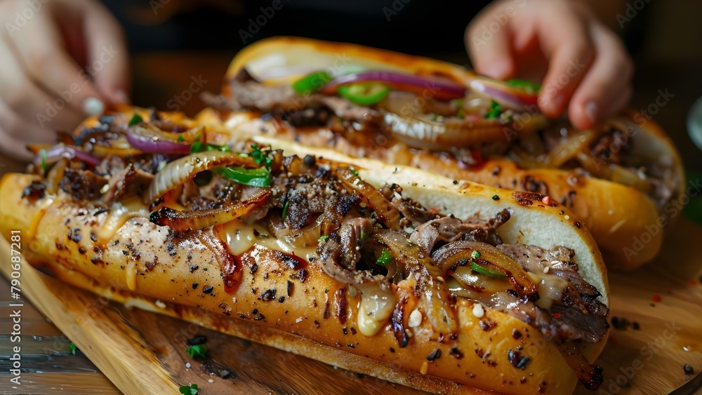 Savoring Cheesesteak Harmony: A Feast of Flavors. Concept Food Photography, Cheesesteak Recipes, Philadelphia Cuisine, Flavorful Creations - obrazy, fototapety, plakaty 