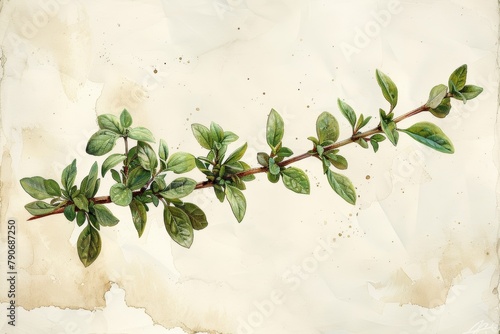 Invigorating Thyme: A sprig of thyme with its tiny leaves and earthy aroma, painted in a realistic watercolor style with soft washes and subtle details on a white background