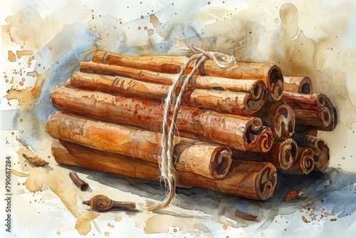 Inviting Cinnamon Sticks: A bundle of cinnamon sticks with their warm, woody aroma, painted in a realistic watercolor style with earthy tones and subtle water stains on a white background