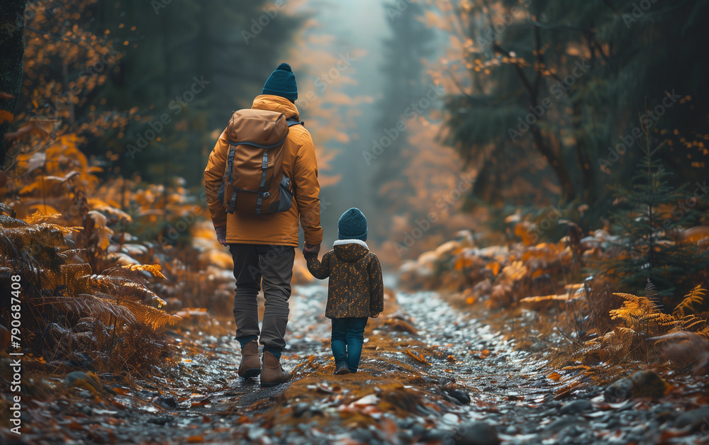 Man and child walking in woods. Generative AI Man and child walking in woods. Generative AI