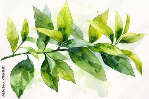 Zesty Lemon Verbena: A bunch of lemon verbena leaves with their vibrant green color and citrusy aroma, realistic watercolor style on a white backg photo