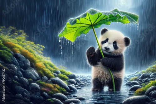 panda bear is holding an umbrella while standing in a stream