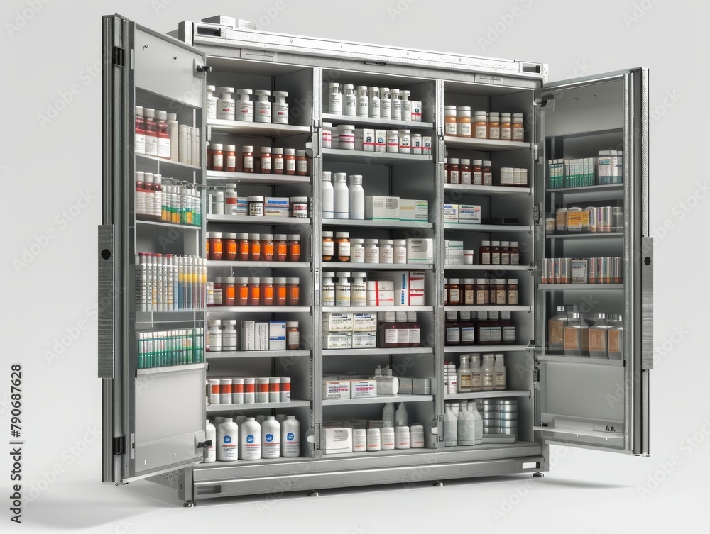 Fully stocked modern medicine cabinet with an array of pharmaceuticals