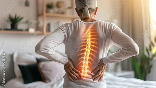 Old mature woman suffering from back pain. Overworked senior middle aged lady massaging back feeling hurt pain from incorrect posture. Generative IA