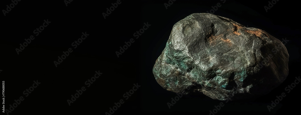 Npouite is a rare precious natural stone on a black background. AI generated. Header banner mockup with space.