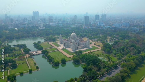 Aerial view of  Victoria Memorial is a large marble monument on the Maidan in Central Kolkata photo