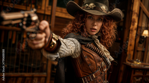 Woman with red hair aims revolver in a wild west setting