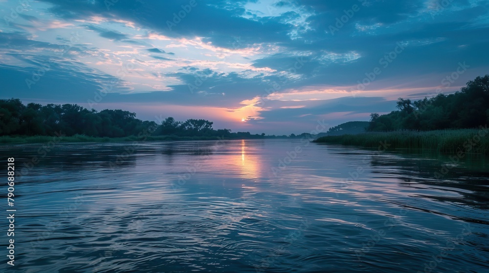 A serene sunrise over a calm river surrounded by lush greenery under a sky painted with hues of blue and orange