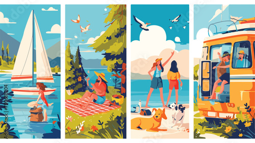 Card set with scenes of people at summer holidays i