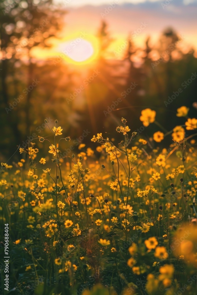 Flowers In Field. Yellow blooms under sunset in lush green meadow