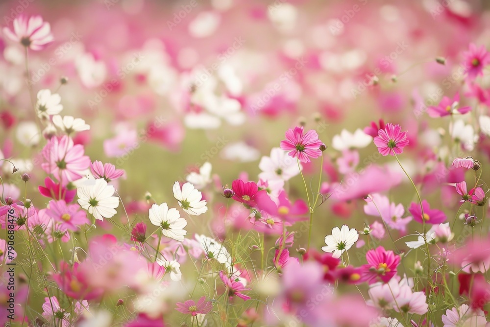 Flower Fields. Wild Cosmos Flowers in Pink and White Beauty