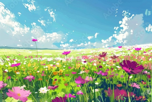 Field Of Flower. Vibrant Illustration of Sunny Flower Meadow in Spring Landscape