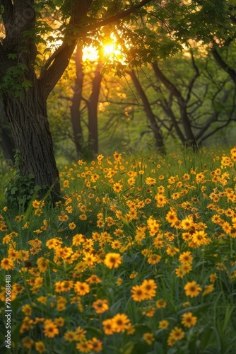 Flowers In Field. Yellow Blossoms Blooming in Lush Field at Sunset © AIGen