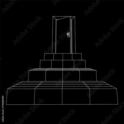 Stairway path to open door. Steps leading into the future concept. Wireframe low poly mesh vector illustration
