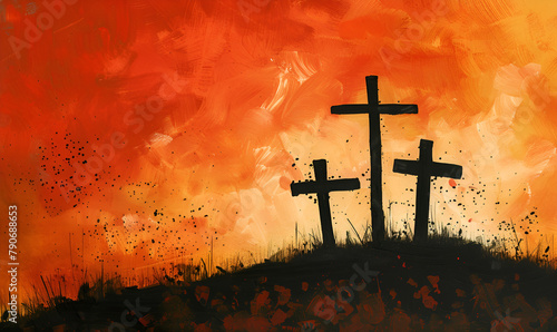 simple illustration of the crucifixion Silhouette cross on Calvary mountain starting sunset Easter concept 3d rendering. 