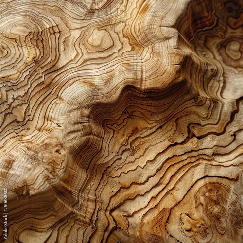 A wooden surface with wavy grain pattern resembling a topographic map.