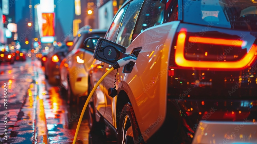 The image shows a close up of an electric car charging at a charging station. The car is white and the charging station is black. The background is blurred and there are city lights in the distance.