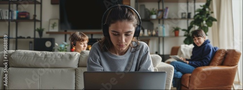 A woman wearing headphones sits on the couch in her living room, working at an open laptop computer while two children play nearby. She is focused and determined to create content for social media  photo