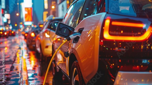 The image shows a close up of an electric car charging at a charging station. The car is white and the charging station is black. The background is blurred and there are city lights in the distance.