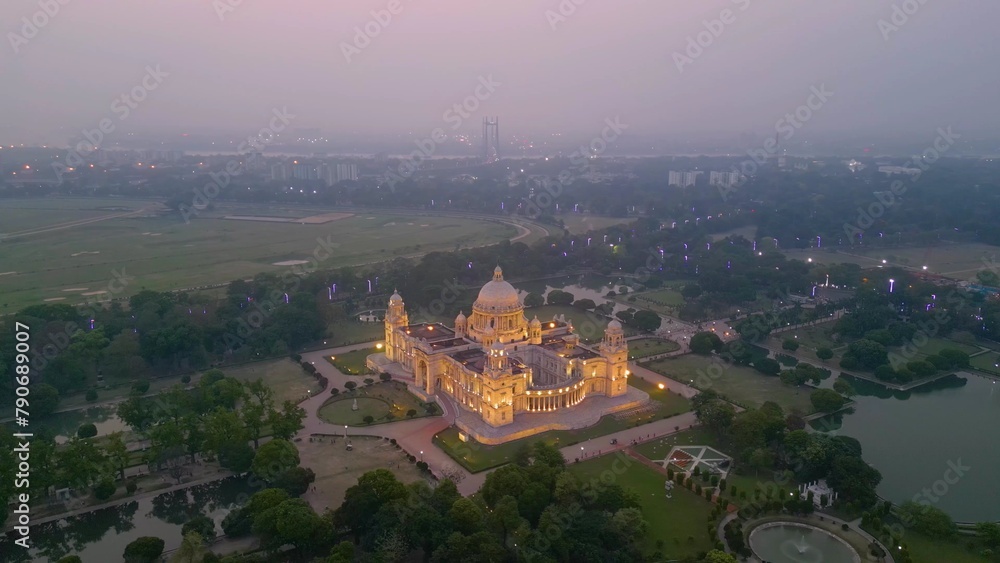Aerial view of  Victoria Memorial is a large marble monument on the Maidan in Central Kolkata