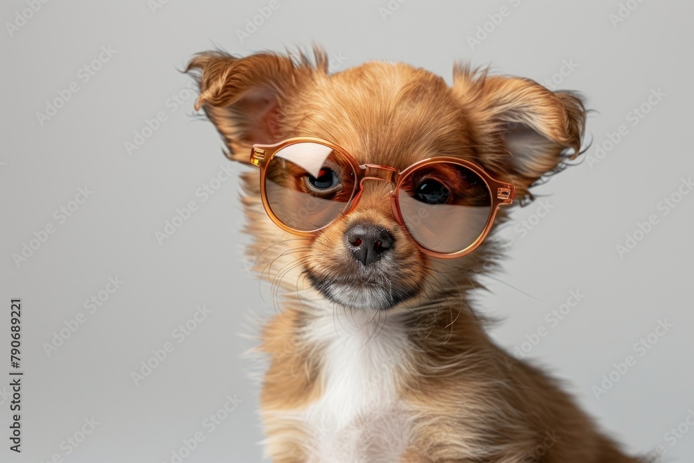 Stylish puppy wearing trendy glasses against a neutral background, exuding confidence.