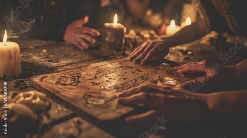 A seance table with hands touching a planchette on a Ouija board under candlelight photo