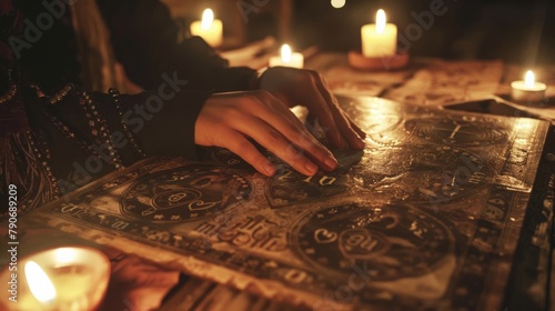 A seance table with hands touching a planchette on a Ouija board under candlelight