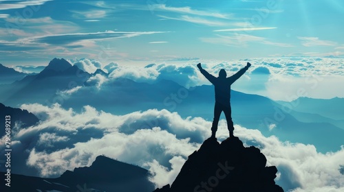A silhouette of a person triumphantly standing on a peak, with clouds and mountains framing the scene, represents achievement. photo