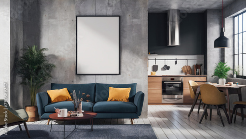 A stylish living room with modern furniture, a blank poster on a concrete wall, and a kitchen in the background © DreamART