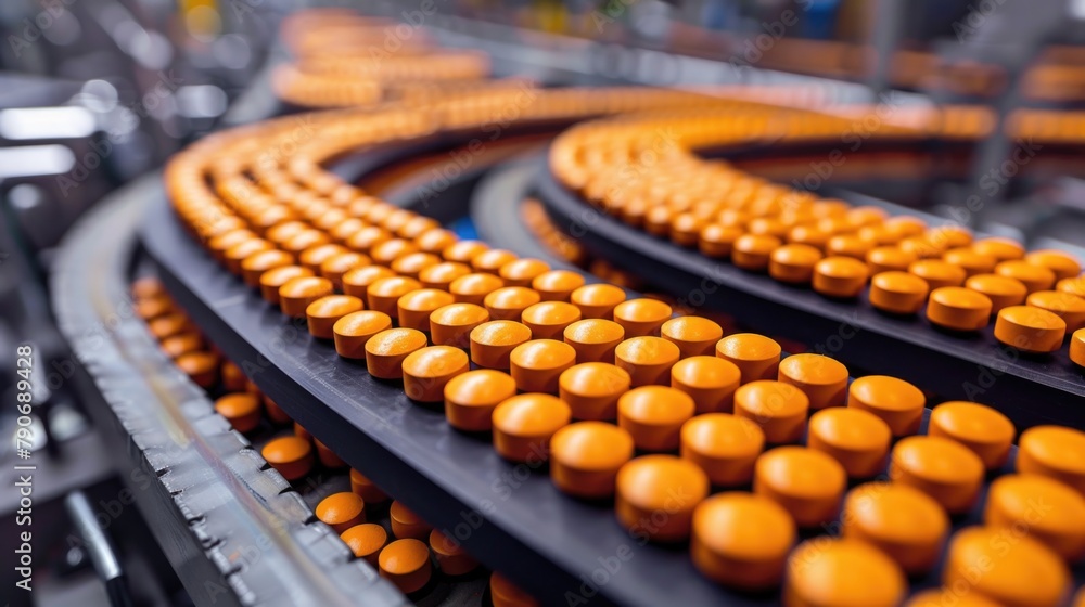 Pharmaceutical production line with a conveyor belt moving lots of orange pills through the manufacturing process Pharmaceutical production line with a conveyor belt moving lots of orange pills through the manufacturing process