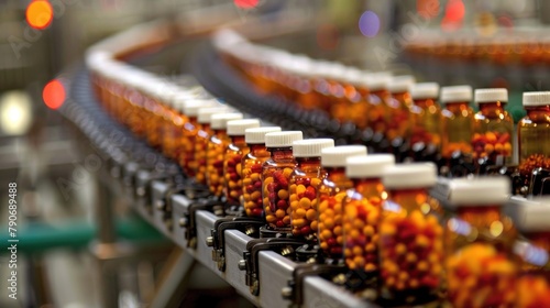 A pharmaceutical production line conveyor belt filled with numerous bottles moving along in a row