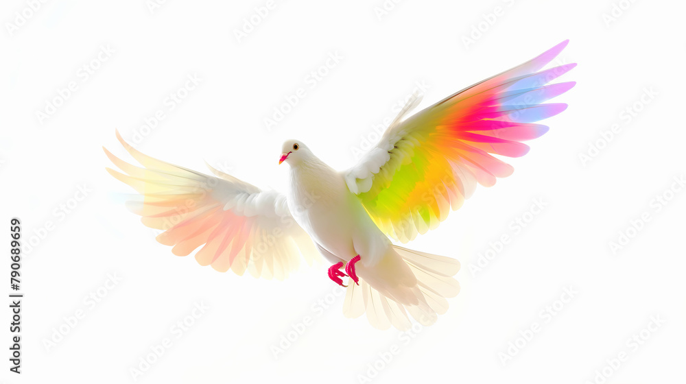 Dove of peace with a gradient of colors in its wings representing freedom, love, peace and hope concept. Rainbow GLBT. White background.