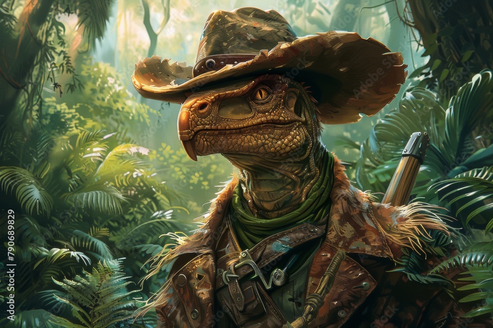Obraz premium A lizard wearing a cowboy hat in the jungle.
