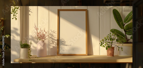 Poster frame mockup close up in cozy cottage-style room, 3D render. © Rafia
