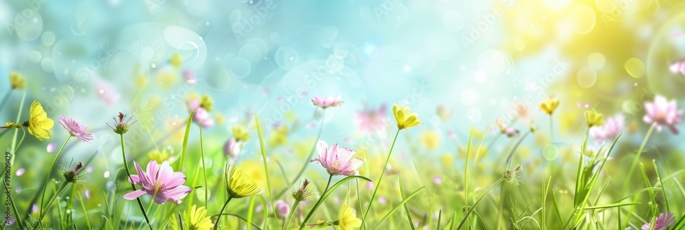 Bright Banner. Abstract Spring Nature Background with Fresh Flowers and Sunny Sky