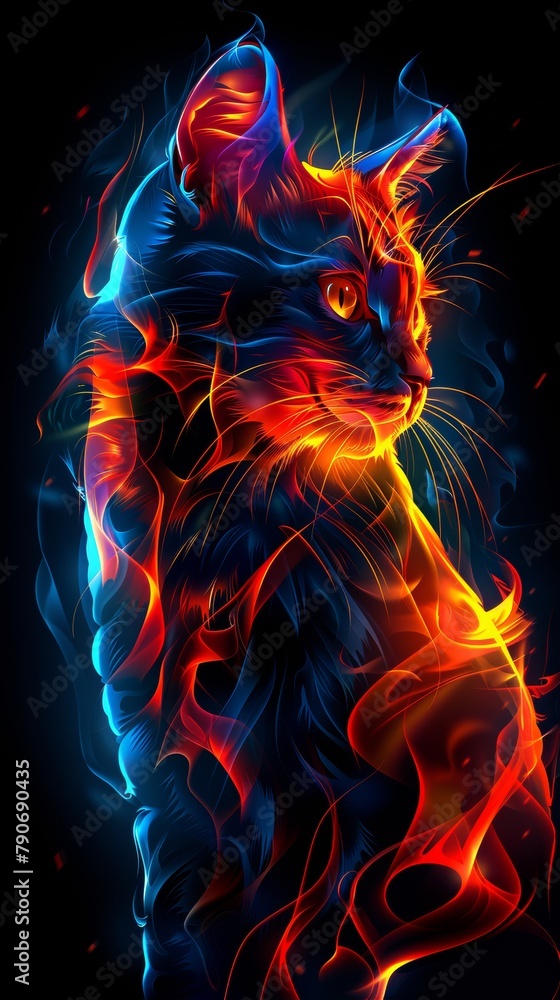 A cat that is sitting in the dark. A magical creature made of fire on black background. A cat that is sitting in the dark. A magical creature made of fire on black background.