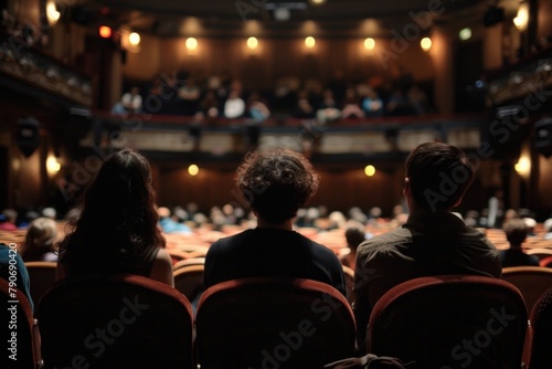 People At Play. Audience Watching Theatre Play in Dark Indoor Stage Setting