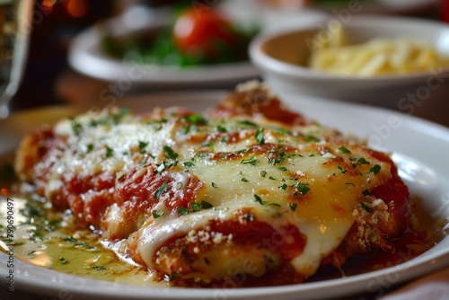 A mouthwatering chicken parmesan dish, perfectly cooked and covered in melted cheese on top of the sauce. Its glossiness glistens under warm lighting as it sits on an elegant white plate.