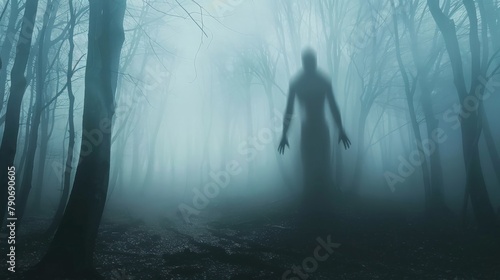 A shadowy figure looming in a foggy forest at dusk, suggesting a ghostly presence