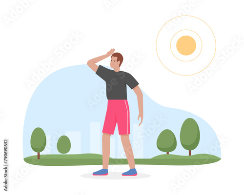 Man walking through summer park in hot sunny weather, suffering from heat vector illustration