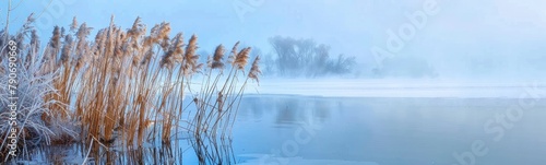 Gorgeous reeds with warm sunlight and a misty fog surrounding them on the lake side  during the winter.