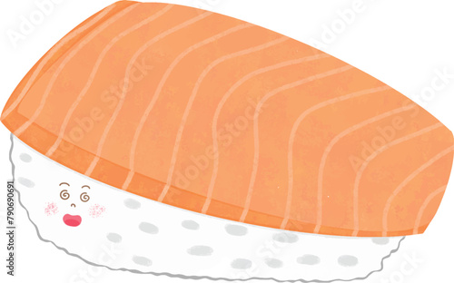 It's a super cute cartoon salmon sushi with vector illustrations. 